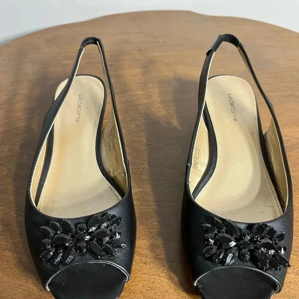 Liz Claiborne Womens Black Peep Toe Slingback Beaded Low Wedge Heels‎ 6.5M